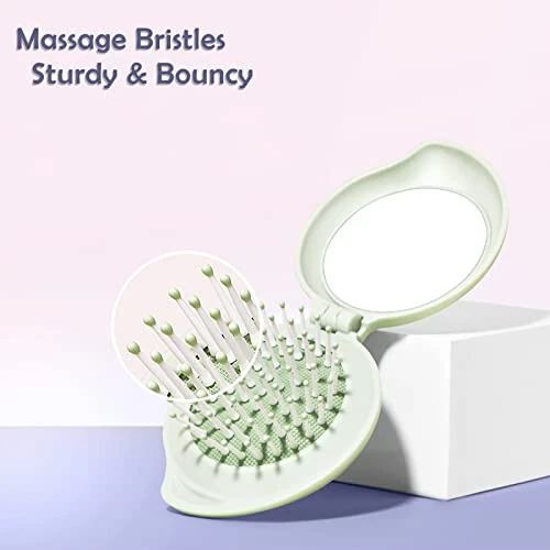 Arthaxi Hair Brush with Mirror, Compact Mirror and Mini Hair Brush Set, Folding Hairbrush for Women, Gifts for Women, Green - 3