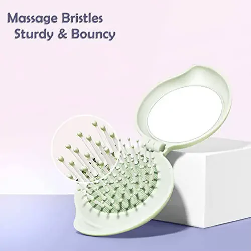 Arthaxi Hair Brush with Mirror, Compact Mirror and Mini Hair Brush Set, Folding Hairbrush for Women, Gifts for Women, Green - 3