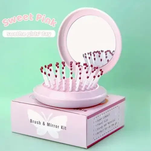 Arthaxi Hair Brush with Mirror, Compact Mirror with Mini Hair Brush Set, Folding Hairbrush for Women, Baby Pink - 5