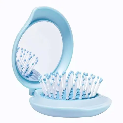 Arthaxi Mini Aynalı Saç Fırçası, Çanta için Seyahat Saç Fırçası, Genç Kızlar için Küçük Kompakt Aynalı Fırça, Seyahat için Katlanır Saç Fırçası ve Ayna Seti, Kadınlar için Hediyeler, Mavi 