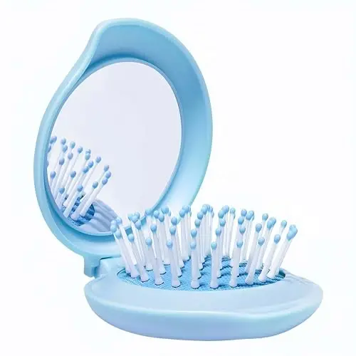 Arthaxi Mini Hair Brush with Mirror for Purse, Travel Hairbrush for Teen Girls, Small Compact Mirror with Brush Combo for On the Go, Folding Hair Brush and Mirror Kit for Pocket, Gifts for Women, Blue - 1