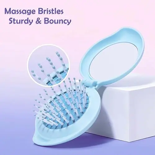 Arthaxi Mini Hair Brush with Mirror for Purse, Travel Hairbrush for Teen Girls, Small Compact Mirror with Brush Combo for On the Go, Folding Hair Brush and Mirror Kit for Pocket, Gifts for Women, Blue - 3