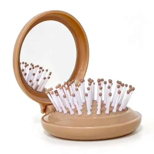 Arthaxi Mini Hair Brush with Compact Mirror, Travel Hair Brush, Brown Vintage Style, 1-Pack - 1