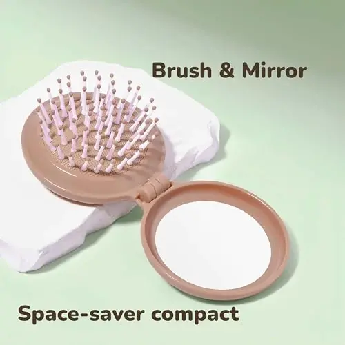 Arthaxi Mini Hair Brush with Compact Mirror, Travel Hair Brush, Brown Vintage Style, 1-Pack - 5
