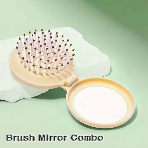 Arthaxi Travel Hair Brush with Small Mirror, Gifts for Women, Compact Mirror with Mini Brush, Folding Purse Hairbrush, Mini Hair Brush and Mirror Combo, Kids Stocking Stuffers, Baby Yellow,1 Pack - 2