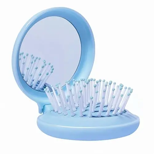 Arthaxi Travel Hairbrush and Mirror Set for Women, Folding Brush with Compact Mirror for Purse or Backpack, Cute Baby Blue Gift - 1