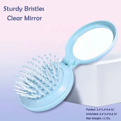 Arthaxi Travel Hairbrush and Mirror Set for Women, Folding Brush with Compact Mirror for Purse or Backpack, Cute Baby Blue Gift - 3