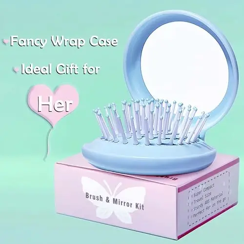 Arthaxi Travel Hairbrush and Mirror Set for Women, Folding Brush with Compact Mirror for Purse or Backpack, Cute Baby Blue Gift - 4