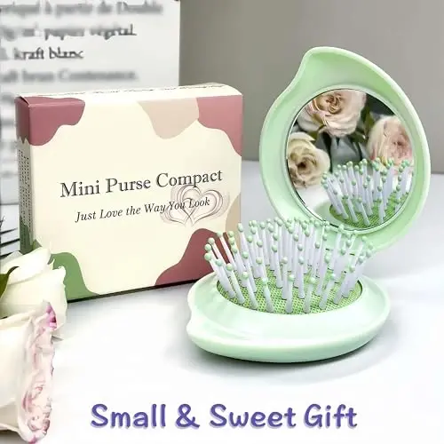 Arthaxi Hair Brush with Mirror, Compact Mirror and Mini Hair Brush Set, Folding Hairbrush for Women, Gifts for Women, Green - 3