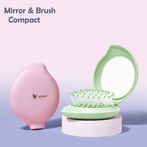Arthaxi Hair Brush with Mirror, Compact Mirror and Mini Hair Brush Set, Folding Hairbrush for Women, Gifts for Women, Green - 5