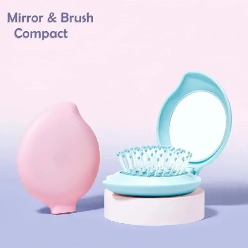 Arthaxi Travel Hair Brush with Mirror for Purse/Backpack, Mini Folding Hair Brush and Kawaii Pink Portable Makeup Mirror Set, Gifts for Girls - 3