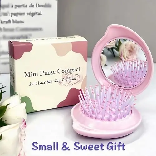 Arthaxi Travel Hair Brush with Mirror for Purse/Backpack, Mini Folding Hair Brush and Kawaii Pink Portable Makeup Mirror Set, Gifts for Girls - 4