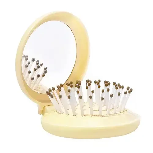 Arthaxi Travel Hair Brush with Small Mirror, Compact Mirror with Mini Hair Brush Kit, Folding Hairbrush for Girls, Foldable Hair Comb with Mirror Portable Size in Purse or Backpack, Light Baby Yellow - ARTHAXI