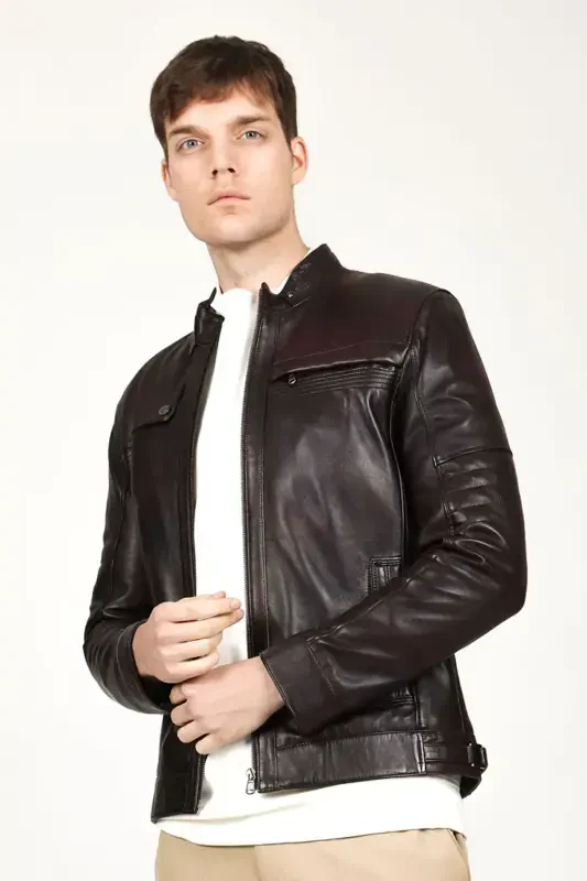 Arthur Erkek Dik Yaka Slim Fit Gerçek Deri Mont Kestane-KESTANE - 5