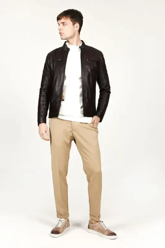 Arthur Erkek Dik Yaka Slim Fit Gerçek Deri Mont Kestane-KESTANE - 6