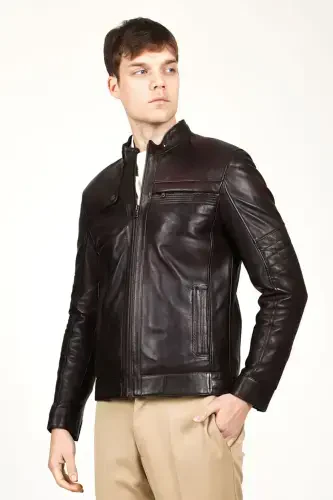 Arthur Erkek Dik Yaka Slim Fit Gerçek Deri Mont Kestane-KESTANE - 7