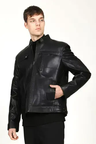 Arthur Erkek Dik Yaka Slim Fit Gerçek Deri Mont Siyah-Siyah - 2