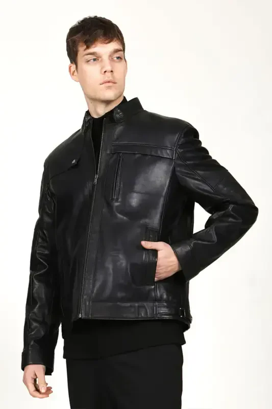 Arthur Erkek Dik Yaka Slim Fit Gerçek Deri Mont Siyah-Siyah - 2