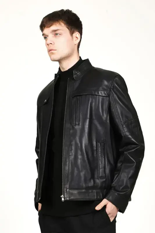 Arthur Erkek Dik Yaka Slim Fit Gerçek Deri Mont Siyah-Siyah - 4