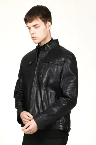 Arthur Erkek Dik Yaka Slim Fit Gerçek Deri Mont Siyah-Siyah - 5