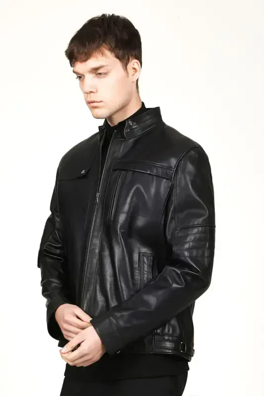 Arthur Erkek Dik Yaka Slim Fit Gerçek Deri Mont Siyah-Siyah - 5