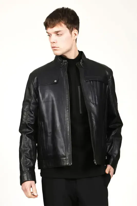 Arthur Erkek Dik Yaka Slim Fit Gerçek Deri Mont Siyah-Siyah - DERICLUB