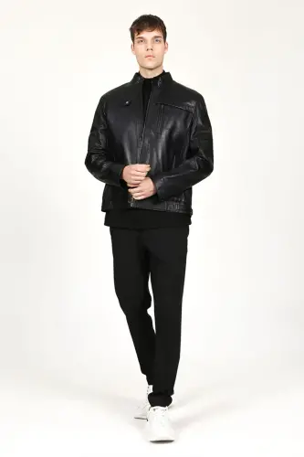 Arthur Erkek Dik Yaka Slim Fit Gerçek Deri Mont Siyah-Siyah - 3
