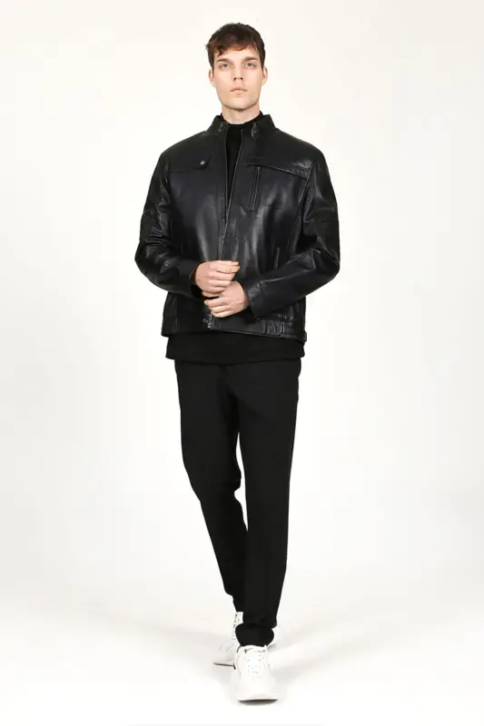 Arthur Erkek Dik Yaka Slim Fit Gerçek Deri Mont Siyah-Siyah - 3