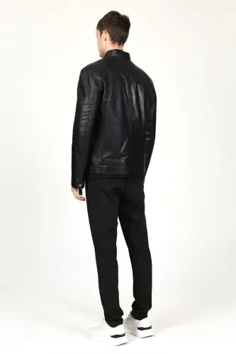 Arthur Erkek Dik Yaka Slim Fit Gerçek Deri Mont Siyah-Siyah - 6