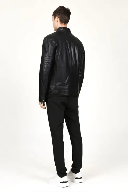 Arthur Erkek Dik Yaka Slim Fit Gerçek Deri Mont Siyah-Siyah - 6