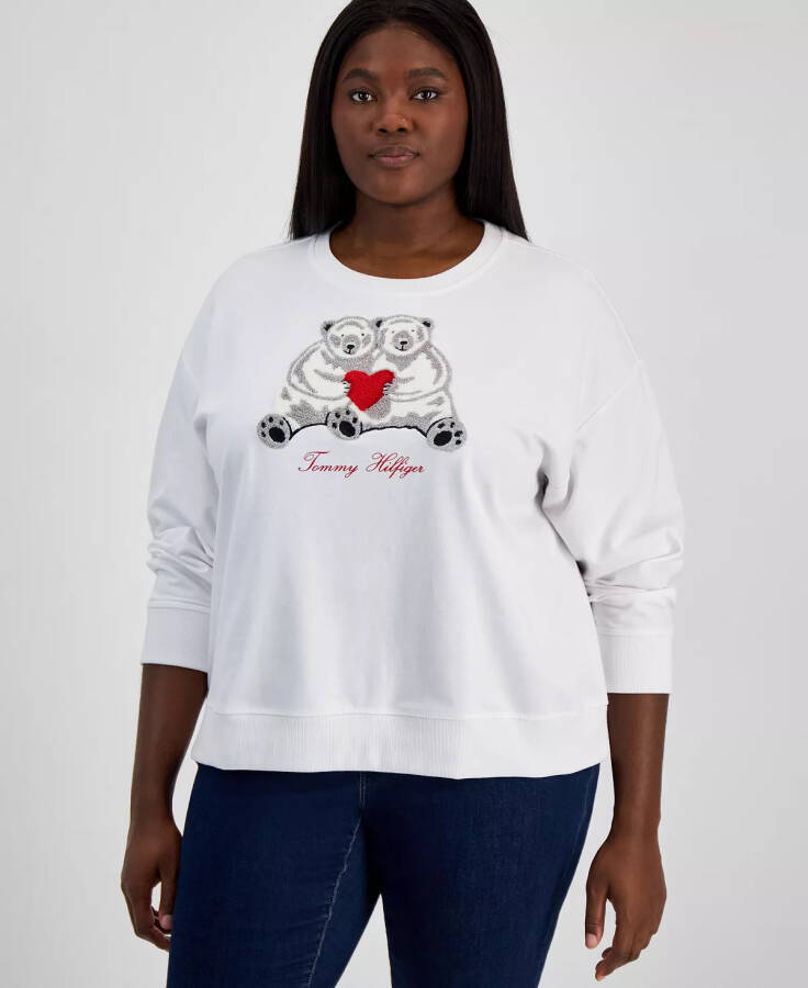 Artı Beden Chenille Ayı Sweatshirt Parlak Beyaz - 1