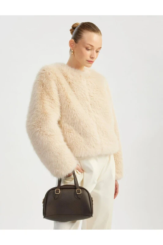 Artificial Leather Zippered Shoulder Bag with Strap-Coffee - KOTON