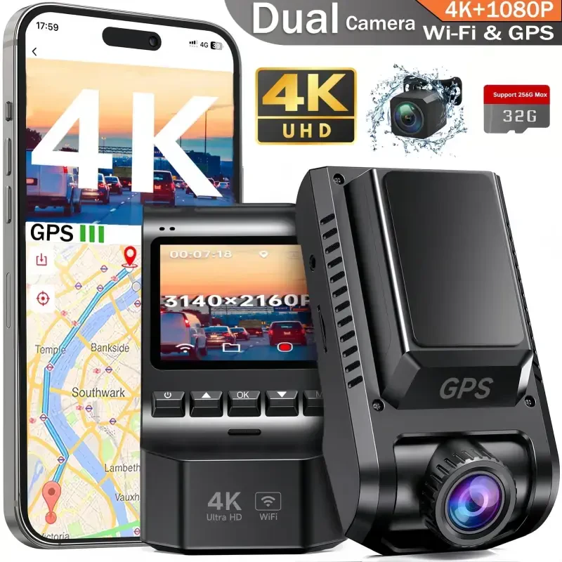 Artsic Dash Cam Oldin va Orqa, 4K Dashcam Wi-Fi & GPS bilan, APP Boshqaruvi, Kechasi Ko'rish, WDR, G-Sensor, Tsiklik Yozuv, To'xtab Turish Rejimi, 32GB SD Karta bilan - Qora - 1