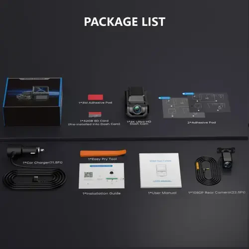 Artsic Dash Cam Oldin va Orqa, 4K Dashcam Wi-Fi & GPS bilan, APP Boshqaruvi, Kechasi Ko'rish, WDR, G-Sensor, Tsiklik Yozuv, To'xtab Turish Rejimi, 32GB SD Karta bilan - Qora - ARTSIC (1)