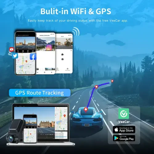 Artsic Dash Cam Oldin va Orqa, 4K Dashcam Wi-Fi & GPS bilan, APP Boshqaruvi, Kechasi Ko'rish, WDR, G-Sensor, Tsiklik Yozuv, To'xtab Turish Rejimi, 32GB SD Karta bilan - Qora - 3