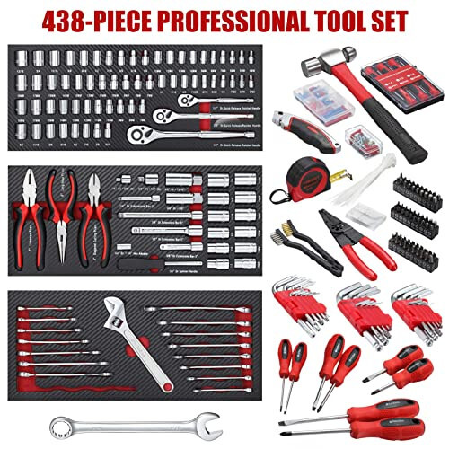 ARUCMIN 438-Piece Mechanics Tool Set with 3-Drawer Heavy Duty Metal Box Repair Tool Kit - 9