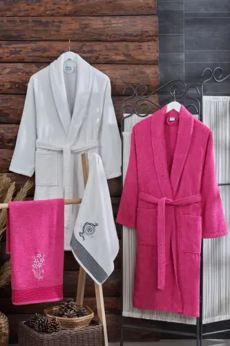 Arya 4-Piece Towel and Bathrobe Set | Cotton | Embroidered | Dowry Set | -Cream 