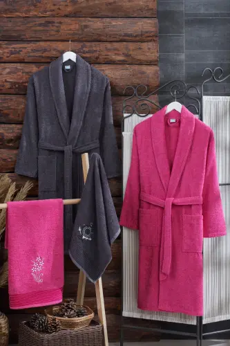 Arya 4-Piece Towel Bathrobe Set | Cotton | Embroidered | Dowry Set | - Anthracite 