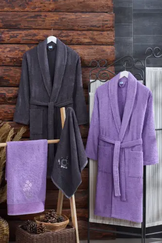 Arya 4-Piece Towel Bathrobe Set | Cotton | Embroidered | Dowry Set | -Anthracite - TABEA HOME (1)