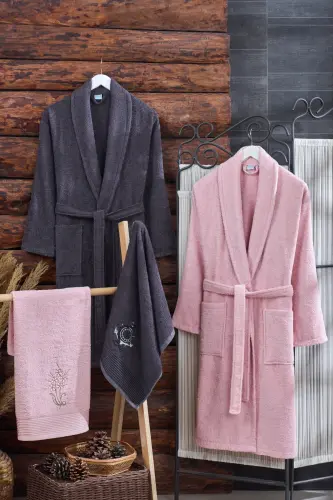 Arya 4-Piece Towel Bathrobe Set | Cotton | Embroidered | Dowry Set | - Anthracite 