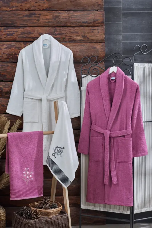 Arya 4-Piece Towel Bathrobe Set | Cotton | Embroidered | Dowry Set | -Cream - 1