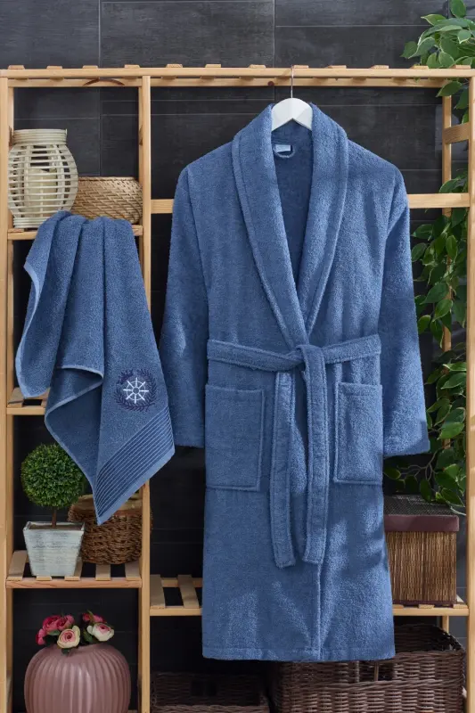 Arya 4-Piece Towel Bathrobe Set | Cotton | Embroidered | Dowry Set | -Indigo - 6