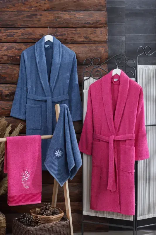 Arya 4-Piece Towel Bathrobe Set | Cotton | Embroidered | Dowry Set | -Indigo - 1