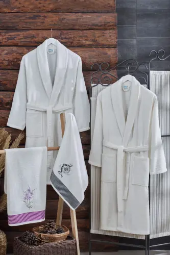Arya 4'lu Towel Bathrobe Set | Cotton | Embroidered | Dowry Set |-Cream - 1