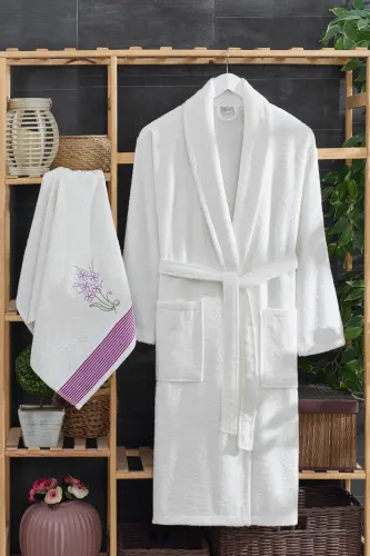 Arya 4'lu Towel Bathrobe Set | Cotton | Embroidered | Dowry Set |-Cream - 3