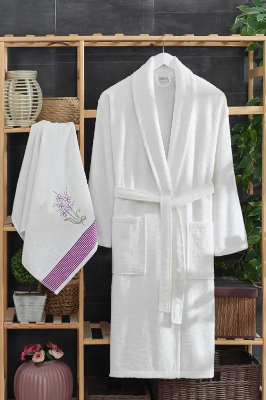 Arya 4'lu Towel Bathrobe Set | Cotton | Embroidered | Dowry Set |-Cream - 3