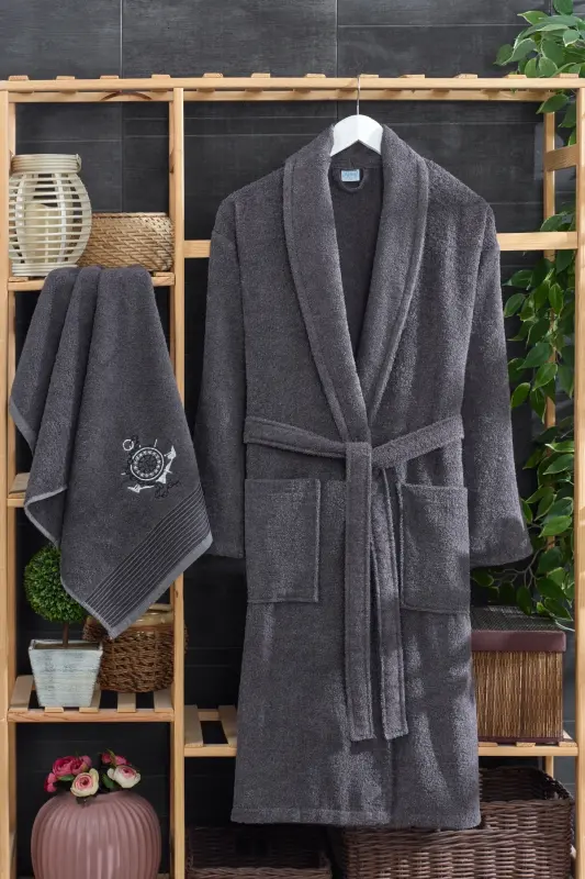 Arya Bathrobe Set with Towel | Embroidered | Cotton | -Anthracite - 1