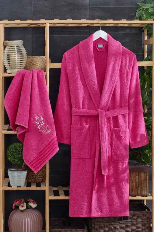 Arya Embroidered Terry Cloth Bathrobe Set | Cotton | - Fuchsia - 3
