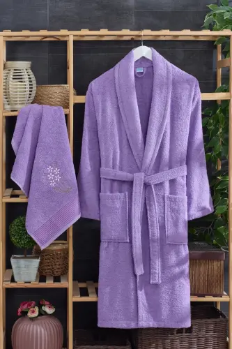 Arya Towel Bathrobe Set | Embroidered | Cotton |-Lilac 