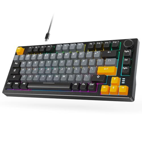 ARZOPA 75% Mechanical Gaming Keyboard Wired, Rainbow Backlit 81 Keys, Gasket Mount, Linear Red Switch, Compact, Volume Knob - ARZOPA